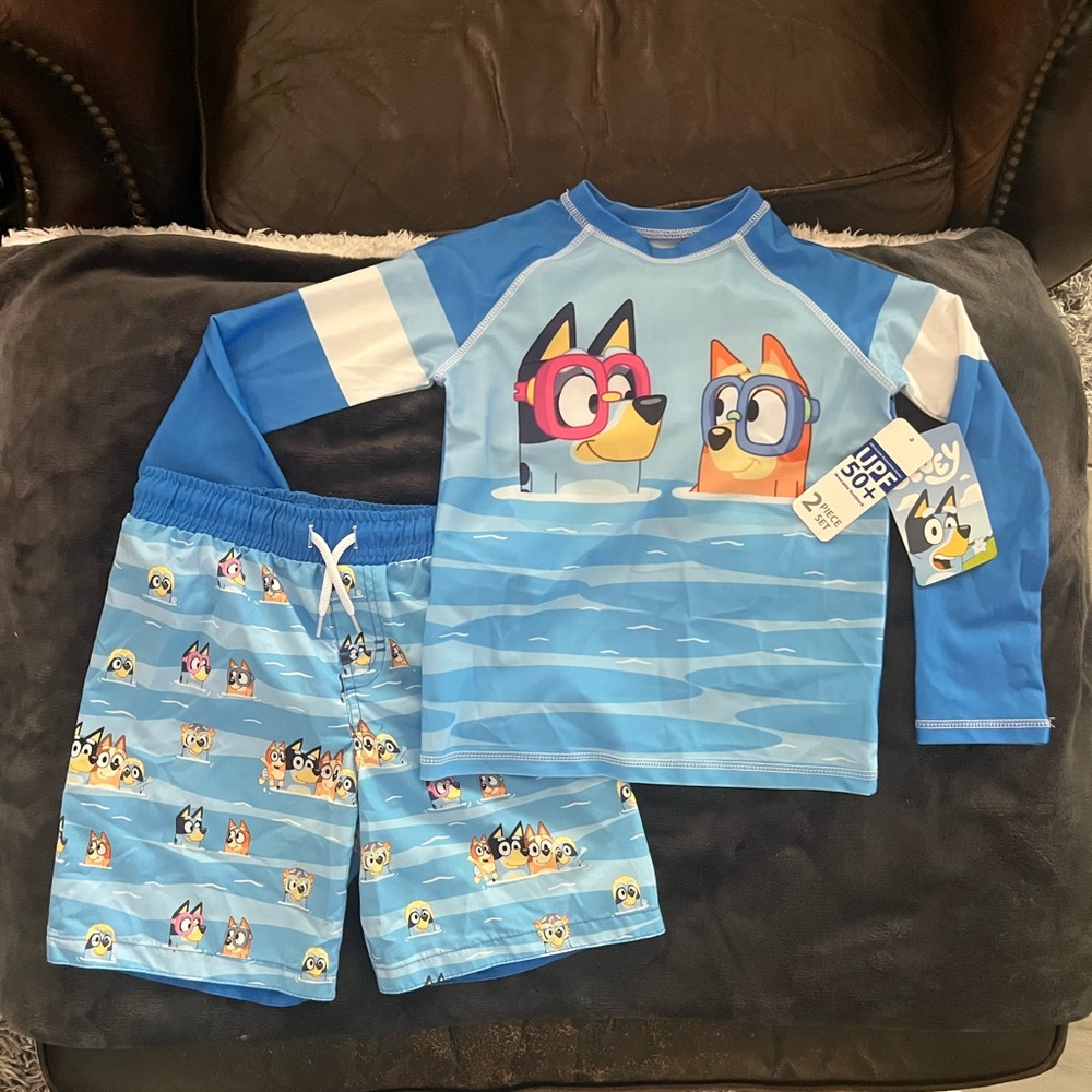 Bluey Kids Swim Trunks and Rash Guard Set - Blue